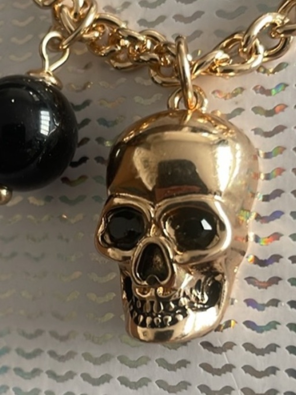 Quo Beauty Gold Skull Pendant Necklace Goth Punk Rhinestone Eye NWT